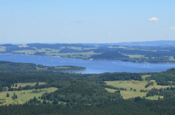 Ein breiter Fluss oder See mit umgebenden grünen Wäldern und Feldern unter einem klaren blauen Himmel, von oben betrachtet.