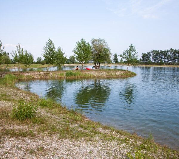 Ein kleiner See mit grasbewachsenen Ufern und vereinzelten Bäumen; an einem klaren Tag sitzen ein paar Leute am Wasser und entspannen sich.