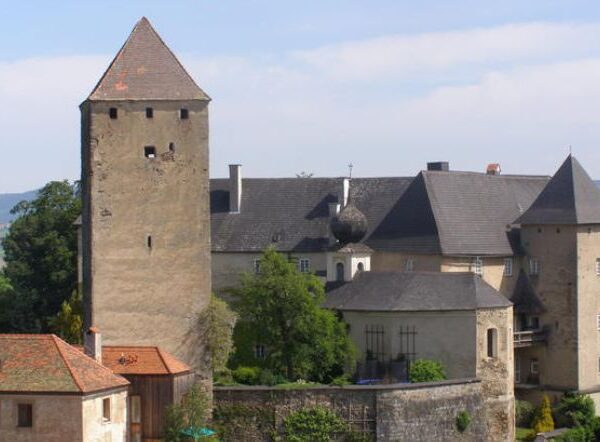 Steinburg mit einem hohen rechteckigen Turm, mehreren Satteldächern und umgebenden Bäumen vor einem blauen Himmel.