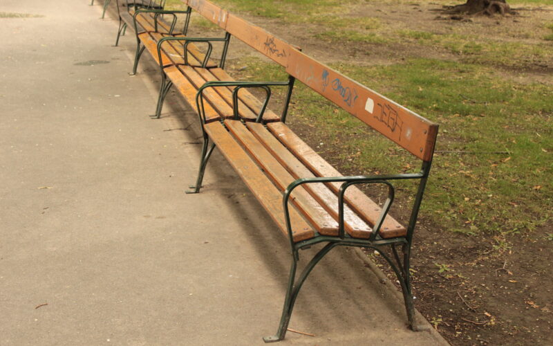 Eine Reihe leerer Holzbänke mit Metallrahmen und einigen Graffiti auf den Rückenlehnen säumen einen gepflasterten Weg in einem Park mit Gras und einem Baum in der Nähe.
