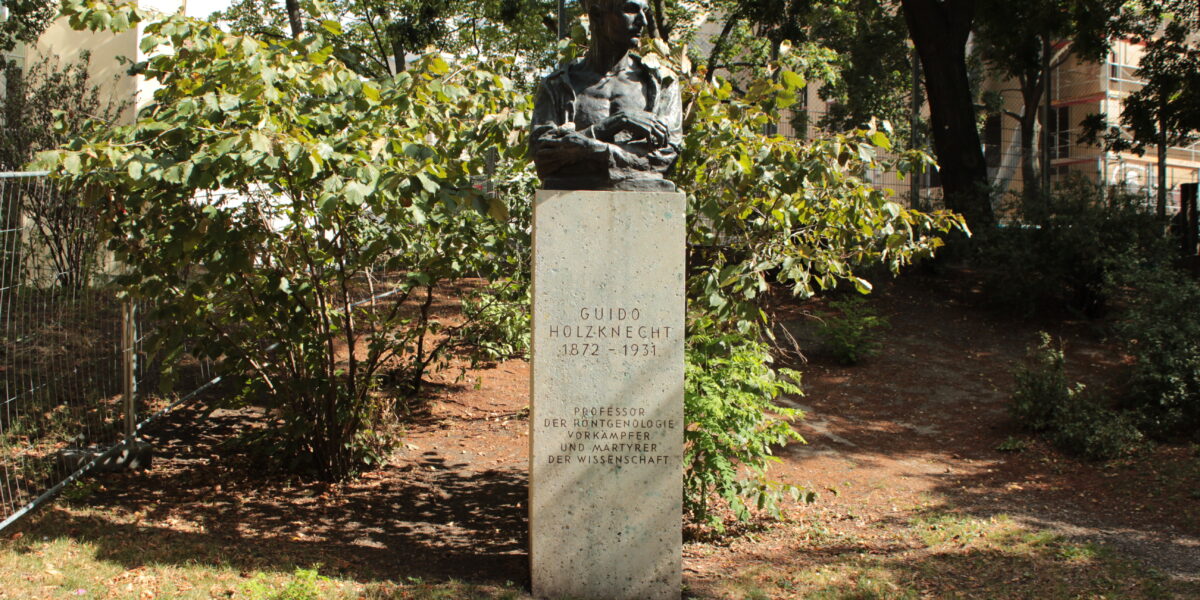Eine Bronzebüste von Guido Holzknecht auf einem Steinsockel in einem Park mit Bäumen und Büschen im Hintergrund. Auf dem Sockel sind sein Name, sein Lebensjahr und seine Leistungen eingraviert.