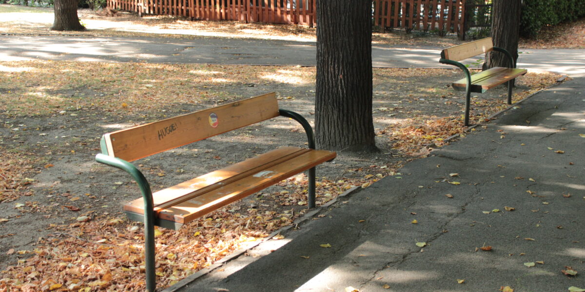 Zwei Holzbänke stehen entlang eines gepflasterten Weges in einem Park. Auf dem Boden liegen verstreut Blätter, und Bäume spenden teilweise Schatten.