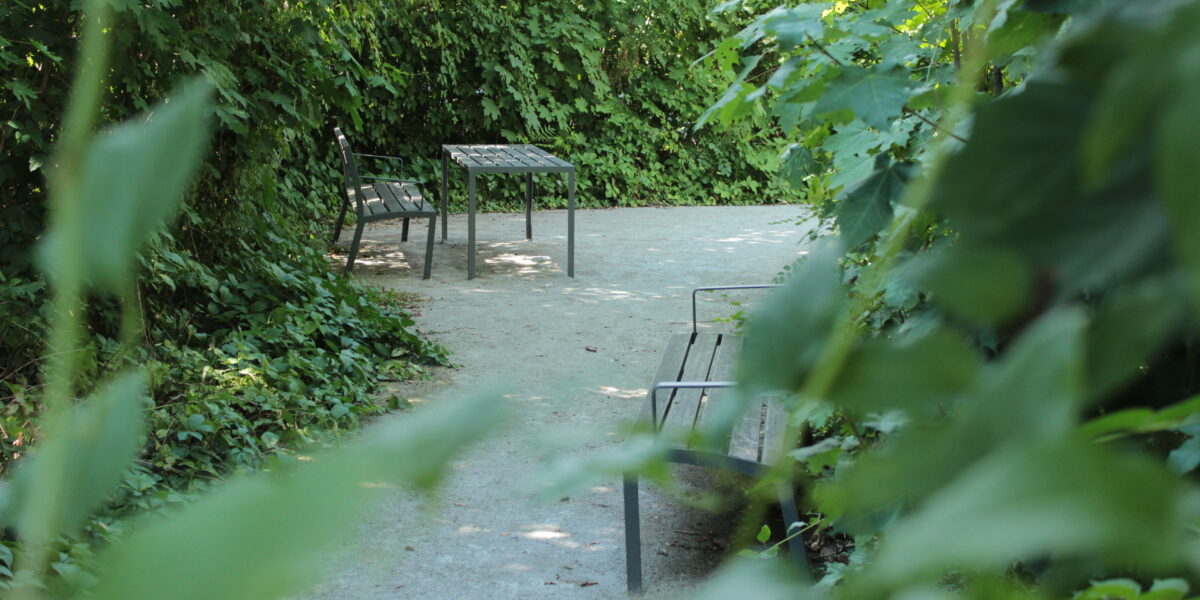 Eine kleine Lichtung mit zwei Metallbänken und einem Tisch ist von dichtem grünen Laub entlang eines Kiesweges umgeben.