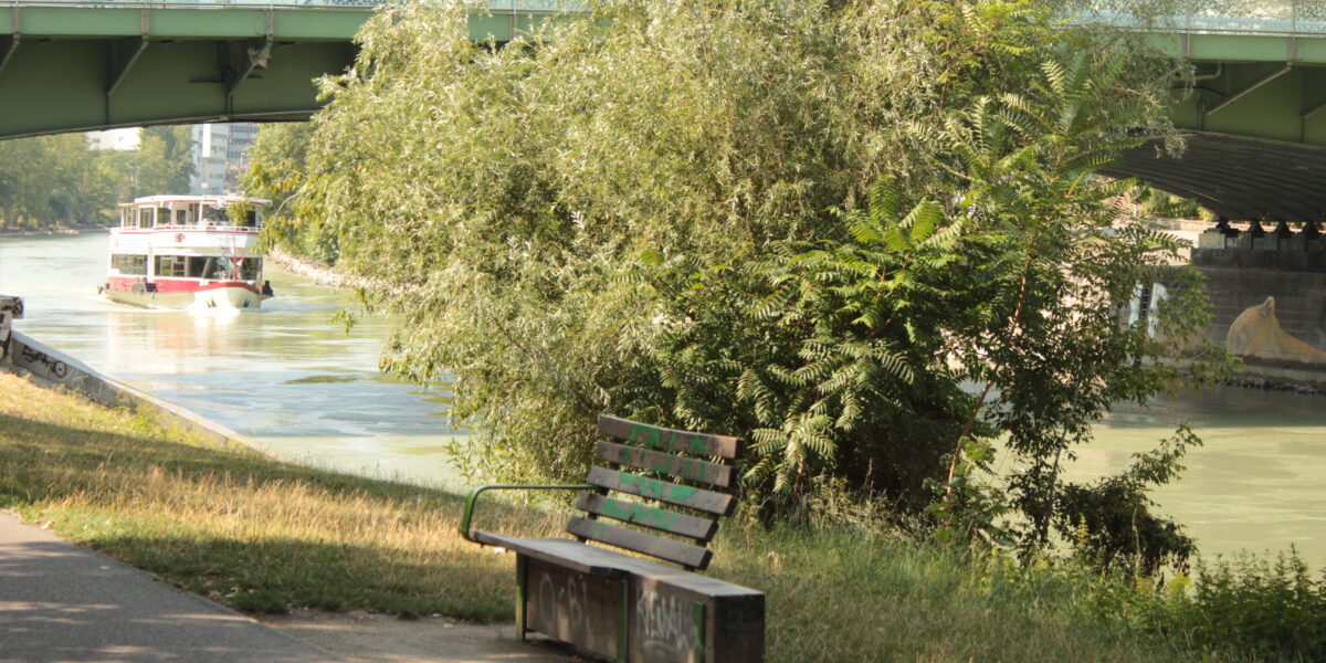 Eine grüne Bank steht an einem Uferweg, im Hintergrund eine Brücke und ein Boot auf dem Wasser. Bäume und Grün umgeben die Szene.