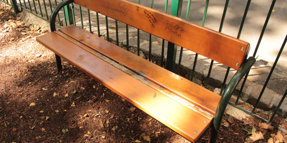 Eine hölzerne Parkbank mit Metallarmlehnen steht auf einer unbefestigten Fläche in der Nähe eines grünen Metallzauns. Auf der Rückenlehne der Bank befindet sich ein Graffiti. Auf dem Boden liegen verstreute Blätter.