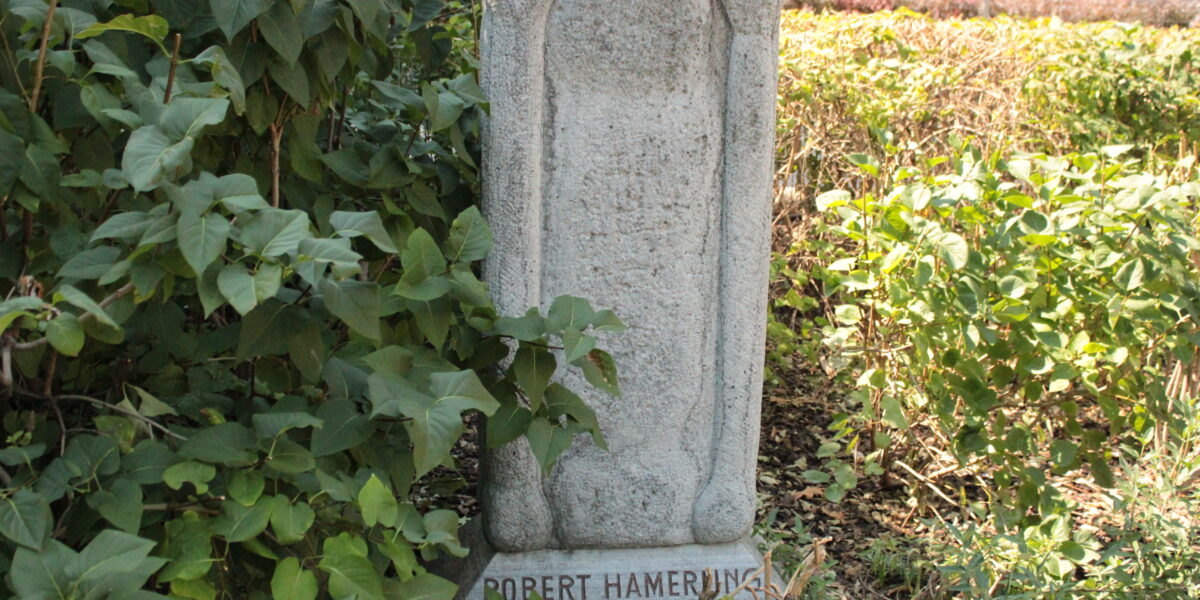 Ein verwitterter Grabstein aus Stein, der teilweise von grünem Laub bedeckt ist und auf dessen Sockel der Name "Robert Hamerling" eingraviert ist.
