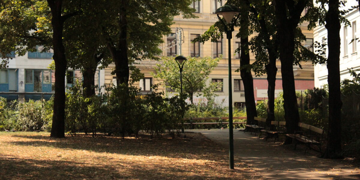 Ein schattiger Park mit Bäumen, Bänken, Laternenpfählen und einem Weg, der an einem sonnigen Tag von Gebäuden im Hintergrund begrenzt wird.