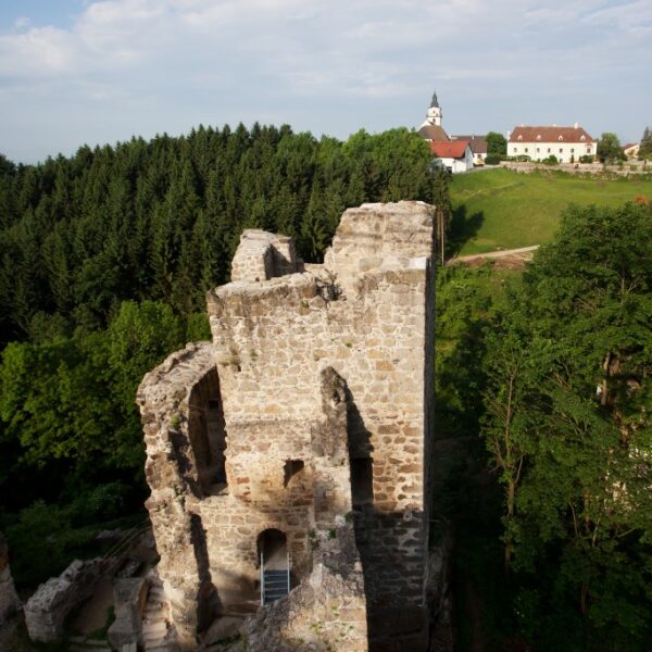 Ruinen eines alten Steingebäudes, umgeben von dichten grünen Bäumen, im Hintergrund sind unter einem blauen Himmel ein Dorf und eine Kirche zu sehen.