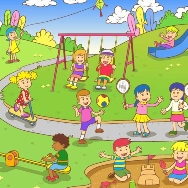 Kinder spielen in einem Park mit Schaukeln, einer Rutsche, einem Sandkasten, einer Wippe und verschiedenen Spielzeugen und Sportgeräten unter einem sonnigen Himmel.