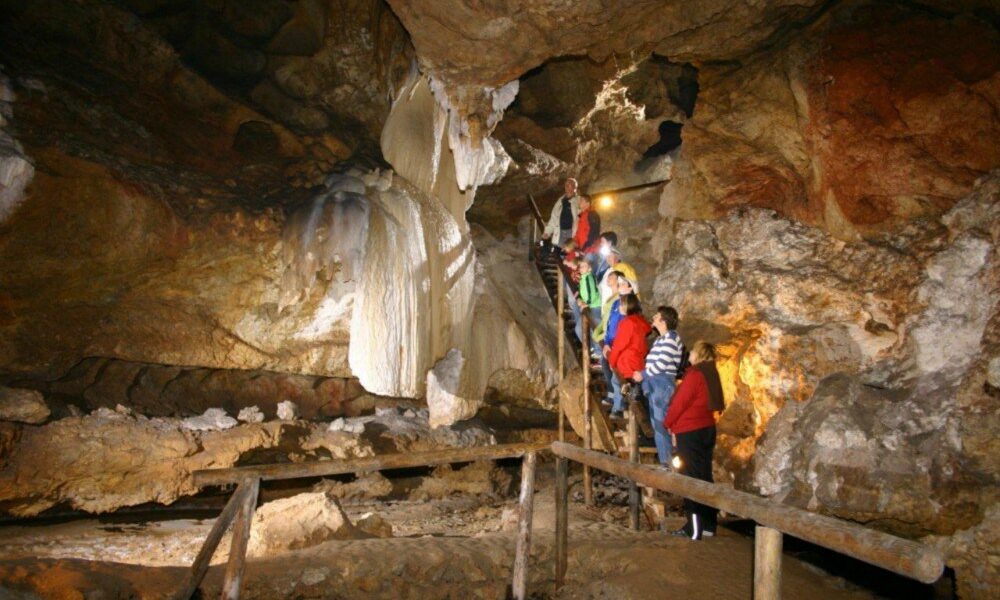 Eine Gruppe von Menschen steigt eine Holztreppe in einer großen, felsigen Höhle mit markanten Tropfsteinformationen hinauf.