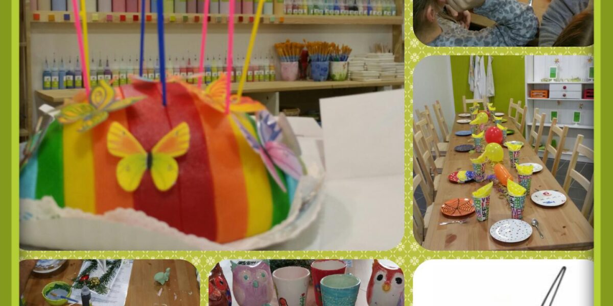 Collage mit einer Regenbogen-Geburtstagstorte mit Kerzen, Kindern auf einer Party, dekorierten Tischen, bemalten Töpferwaren, Kunstzubehör und dem Logo des Studios Paint your Style.