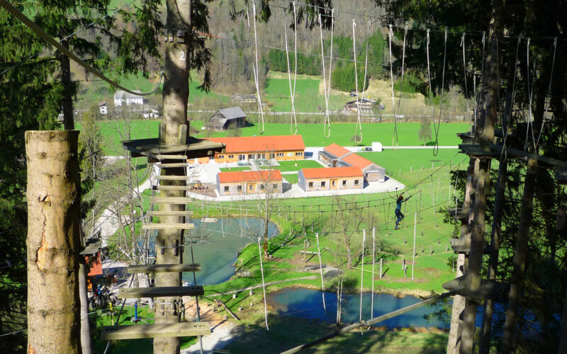 Ein Hochseilgarten in den Baumkronen mit Holzplattformen und Seilen bietet Aussicht auf eine ländliche Landschaft mit Gebäuden, Feldern und einem kleinen Teich darunter.