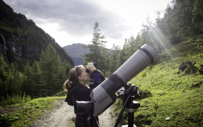 Eine Person steht auf einem unbefestigten Weg in einer bergigen, bewaldeten Gegend und blickt durch ein Fernglas mit einem Spektiv auf einem Stativ in der Nähe.