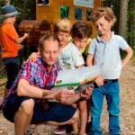 Ein Erwachsener kniet auf einem Waldweg, hält eine Karte in der Hand und spricht mit drei Jungen, während ein anderes Kind in einem orangefarbenen Hemd neben einem Schild und einer Truhe im Hintergrund steht.