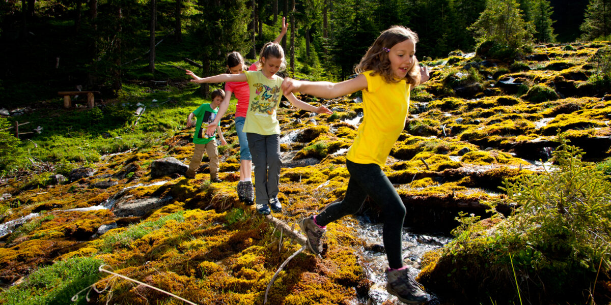Vier Kinder laufen und balancieren über einen moosbewachsenen, steinigen Weg in einem sonnenbeschienenen Wald und überqueren einen kleinen Bach.