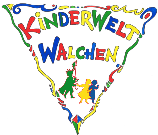 Logo mit dem Schriftzug „Kinderwelt Walchen“ in bunten, verspielten Lettern, umrahmt von einer dekorativen Bordüre, darunter die Silhouetten zweier spielender Kinder.
