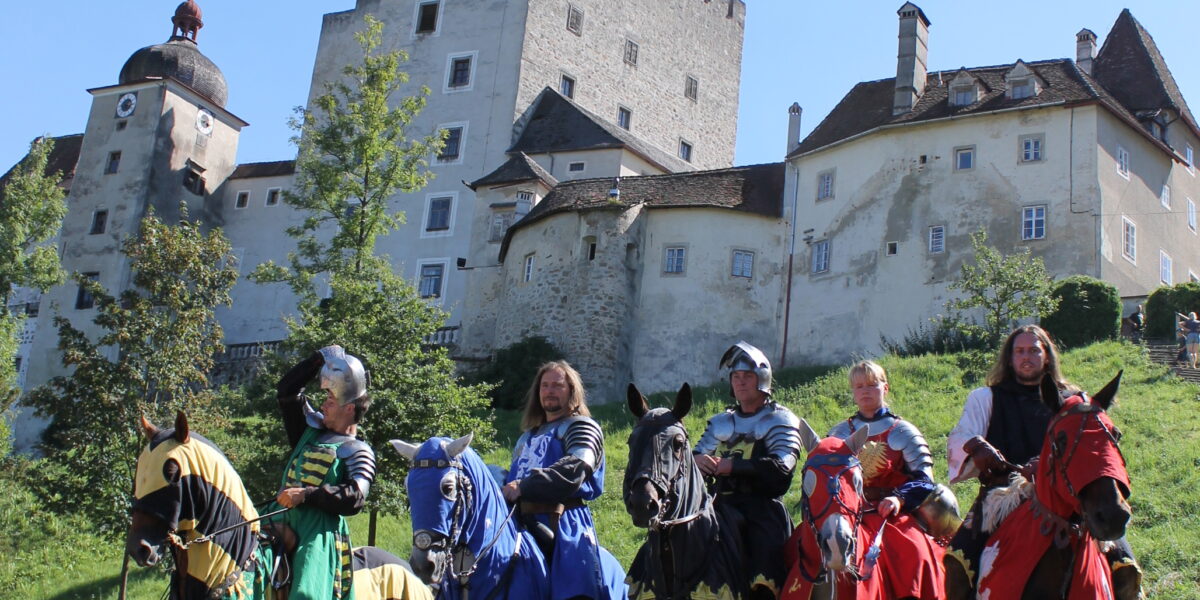 Sechs Personen in mittelalterlichen Kostümen und bunt gekleidete Pferde stehen an einem sonnigen Tag vor einer historischen Burg.