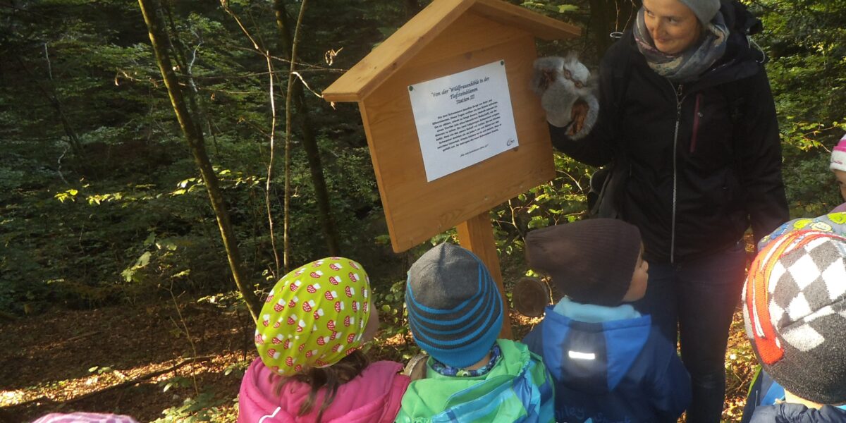 Ein Erwachsener und mehrere Kinder in bunten Jacken und Hüten stehen in einem Waldgebiet an einem Holzschild mit Text, lesen und diskutieren dessen Inhalt.