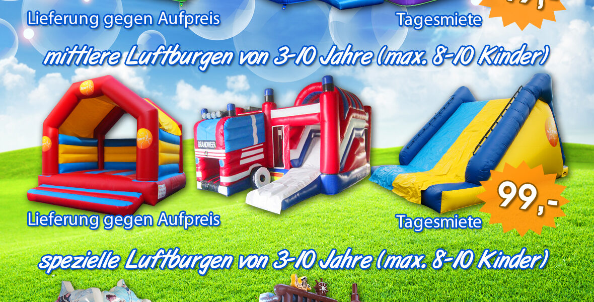 Bunte Werbung für aufblasbare Hüpfburgen für Kinder, mit Bildern, Altersgruppen, Preisen und Kontaktinformationen für den Verleihservice.