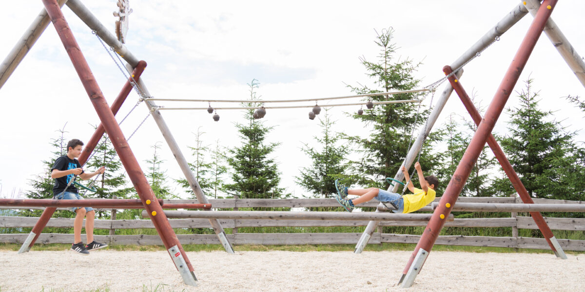 Zwei Jungen spielen auf einer Holzschaukel auf einem Spielplatz im Freien mit Bäumen im Hintergrund. Ein Junge schaukelt, während der andere in der Nähe steht.