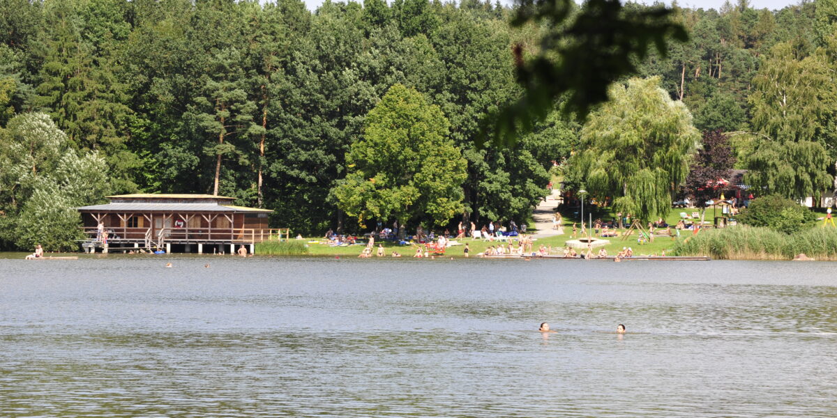 Menschen entspannen sich an einem grasbewachsenen Ufer und schwimmen in einem See mit einem Holzpavillon und dichten Bäumen im Hintergrund.