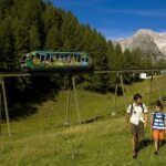 Eine vierköpfige Familie geht auf einem grasbewachsenen Hügel spazieren, während über ihnen eine Einschienenbahn vorbeifährt, mit Wald und Bergen im Hintergrund.
