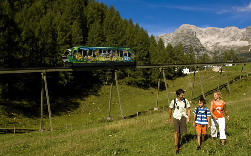 Eine vierköpfige Familie geht auf einem grasbewachsenen Hügel spazieren, während über ihnen eine Einschienenbahn vorbeifährt, mit Wald und Bergen im Hintergrund.