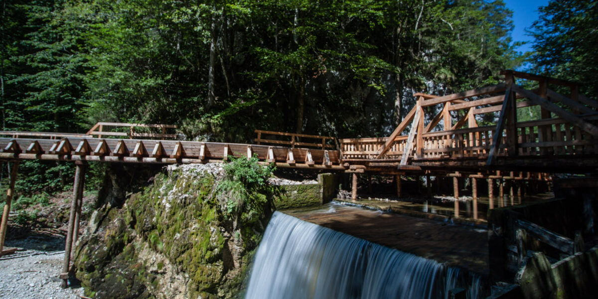 Eine Holzbrücke führt über einen kleinen Wasserfall in einem bewaldeten Gebiet unter blauem Himmel.