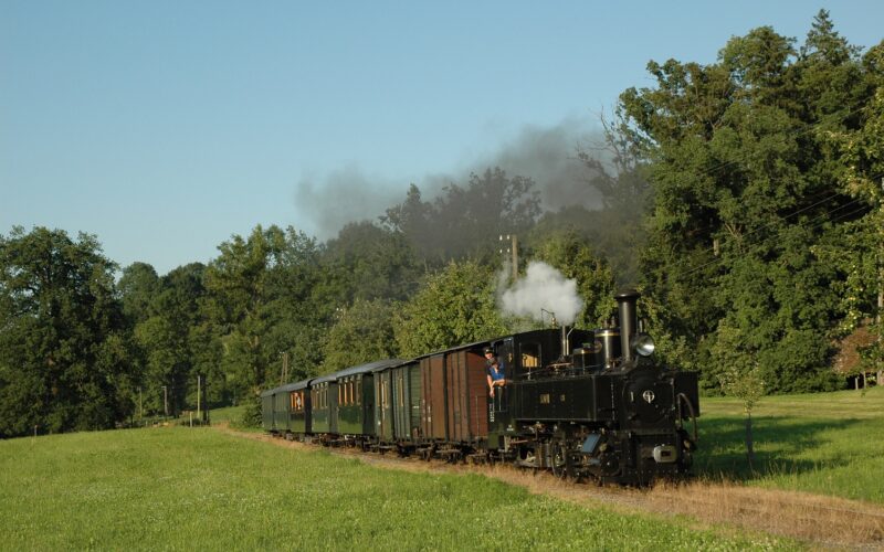 Ein alter Dampfzug mit grünen Waggons fährt unter einem klaren blauen Himmel durch eine von Bäumen gesäumte Wiese.
