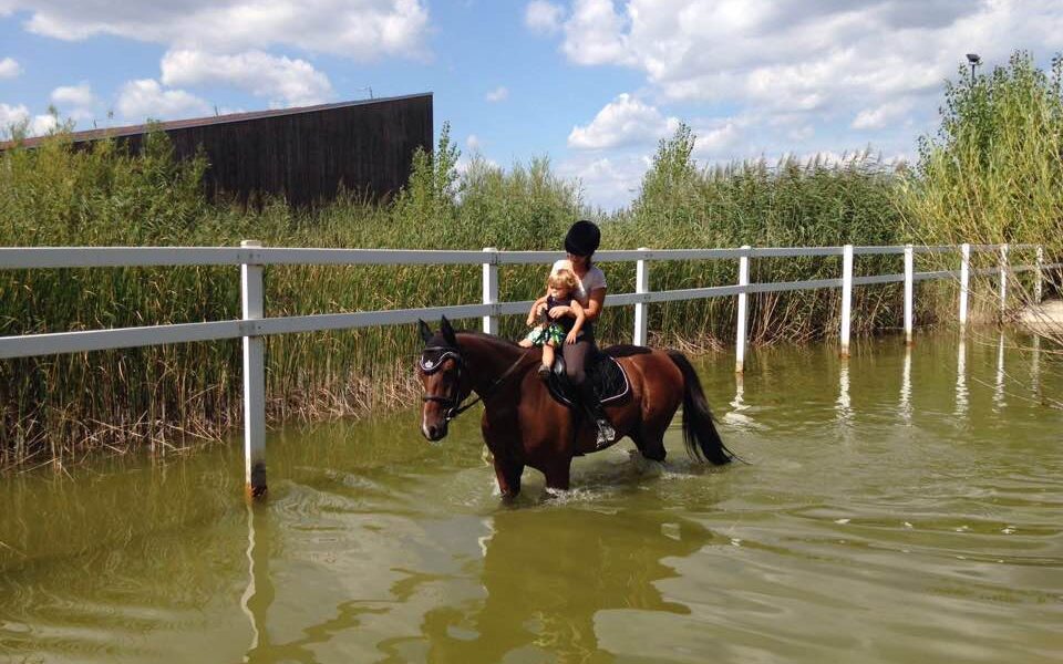Eine Person, die einen Helm trägt, reitet auf einem Pferd durch seichtes Wasser, auf dem sie ein kleines Kind hält, während im Hintergrund hohes Gras und ein Gebäude zu sehen sind.