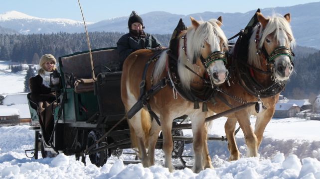 Zwei Personen fahren in einer Pferdekutsche durch eine verschneite Landschaft, mit zwei Zugpferden im Geschirr und Bergen im Hintergrund.