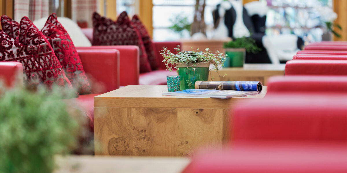 Ein Holztisch mit kleinen Topfpflanzen, einer aufgerollten Zeitschrift und einer Broschüre ist von roten Sofas mit gemusterten Kissen in einem hell erleuchteten Raum umgeben.