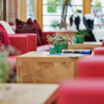 Ein Holztisch mit kleinen Topfpflanzen, einer aufgerollten Zeitschrift und einer Broschüre ist von roten Sofas mit gemusterten Kissen in einem hell erleuchteten Raum umgeben.