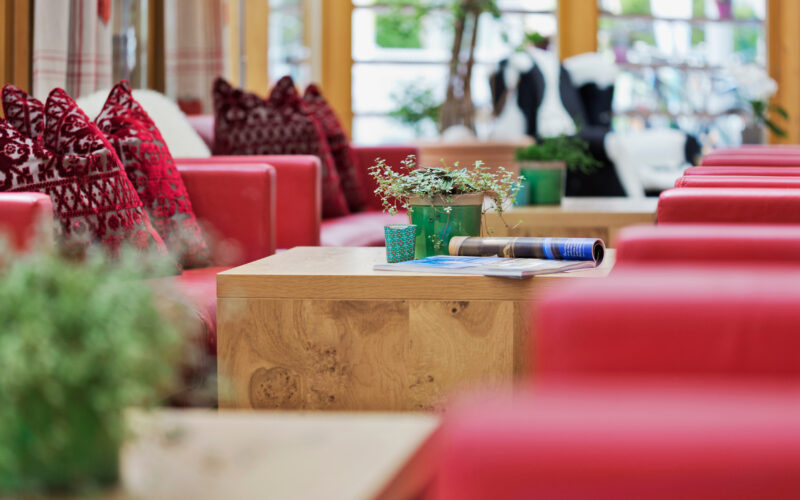 Ein Holztisch mit kleinen Topfpflanzen, einer aufgerollten Zeitschrift und einer Broschüre ist von roten Sofas mit gemusterten Kissen in einem hell erleuchteten Raum umgeben.