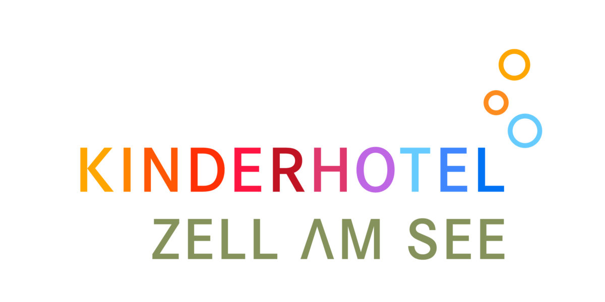 Logo für das Kinderhotel Zell am See; mit farbigem Text und fünf sich überlappenden Kreisen in Orange und Blau auf der rechten Seite.