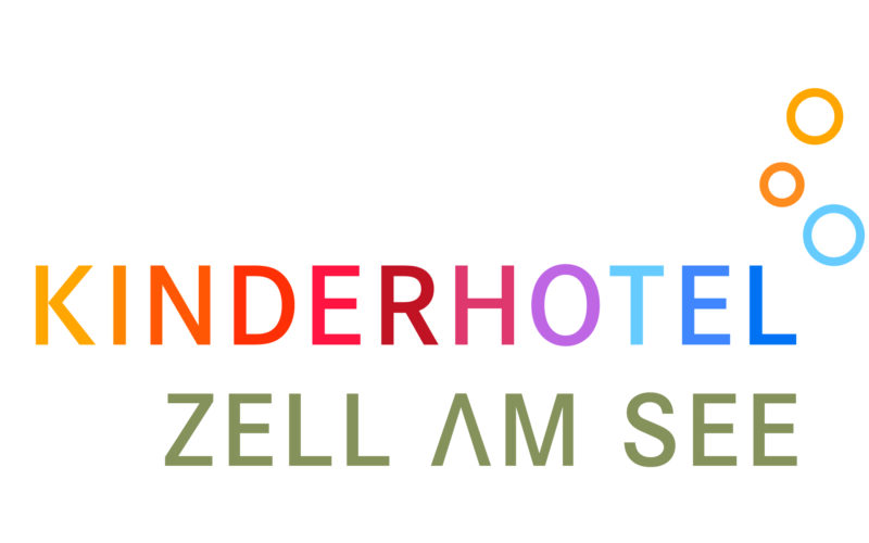 Logo für das Kinderhotel Zell am See; mit farbigem Text und fünf sich überlappenden Kreisen in Orange und Blau auf der rechten Seite.