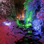 Ein verschneiter Waldbach wird nachts von bunten Lichtern erleuchtet, die Schnee, Bäume und Wasser in rote, grüne, blaue und violette Farbtöne tauchen.
