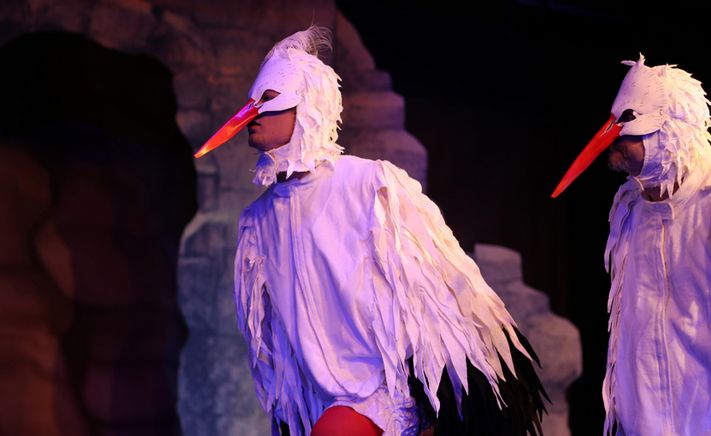Zwei Personen in weißen Vogelkostümen mit langen orangefarbenen Schnäbeln treten auf der Bühne vor einer felsigen Kulisse auf.