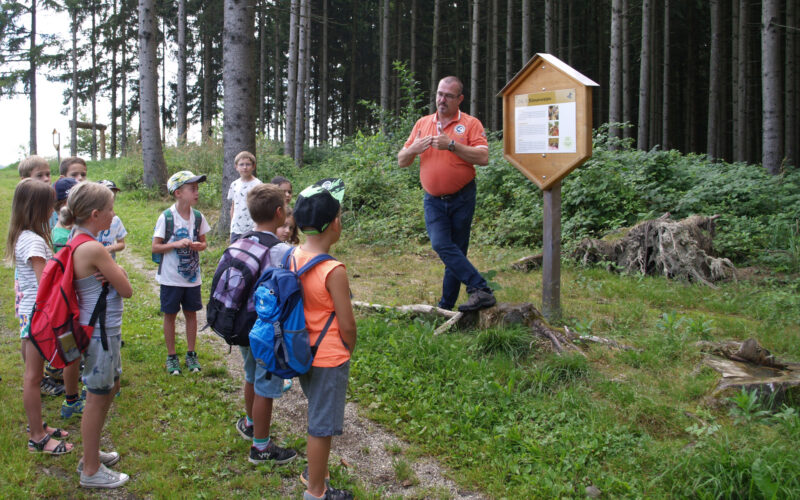Ein Mann hält einer Gruppe von Kindern neben einem Informationsschild in einem Waldstück einen informativen Vortrag. Die Kinder tragen Rucksäcke und hören aufmerksam zu.