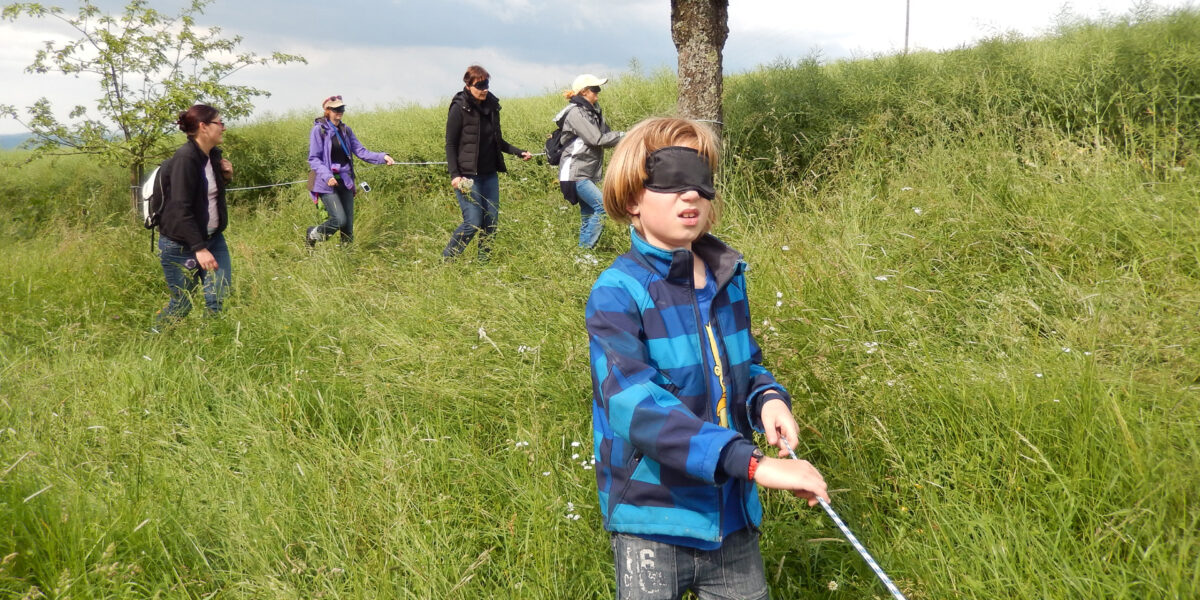 Eine Gruppe von Menschen läuft mit verbundenen Augen durch hohes Gras und hält sich an einem Seil fest, das sie führt.