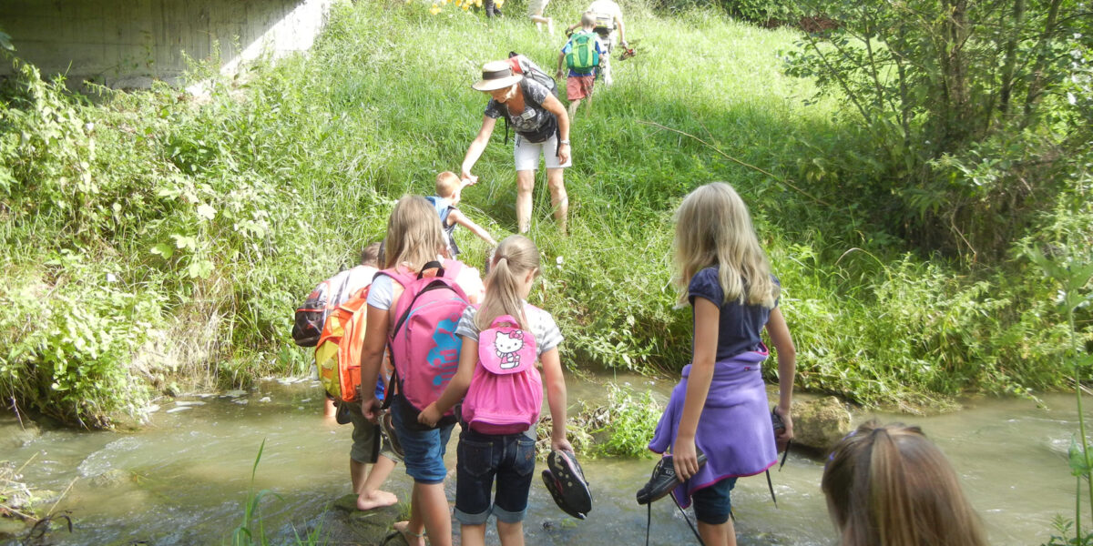 Eine Gruppe von Kindern mit Rucksäcken, angeführt von einem Erwachsenen, überquert bei einer Wanderung barfuß auf einem Grasweg einen seichten Bach.