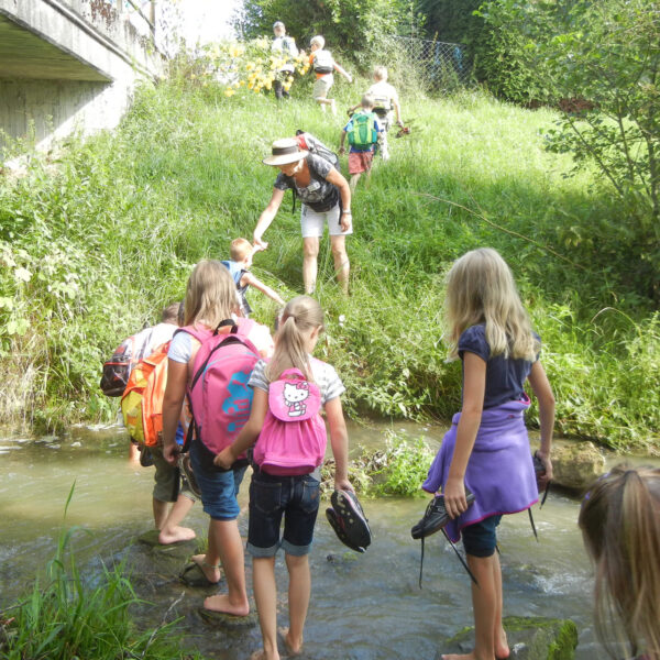 Eine Gruppe von Kindern mit Rucksäcken, angeführt von einem Erwachsenen, überquert bei einer Wanderung barfuß auf einem Grasweg einen seichten Bach.