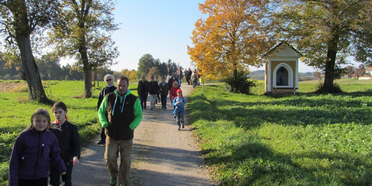 Eine Gruppe von Menschen, darunter Kinder und Erwachsene, spaziert unter strahlend blauem Himmel einen ländlichen Weg entlang, der von grünem Gras und herbstlichen Bäumen gesäumt ist.