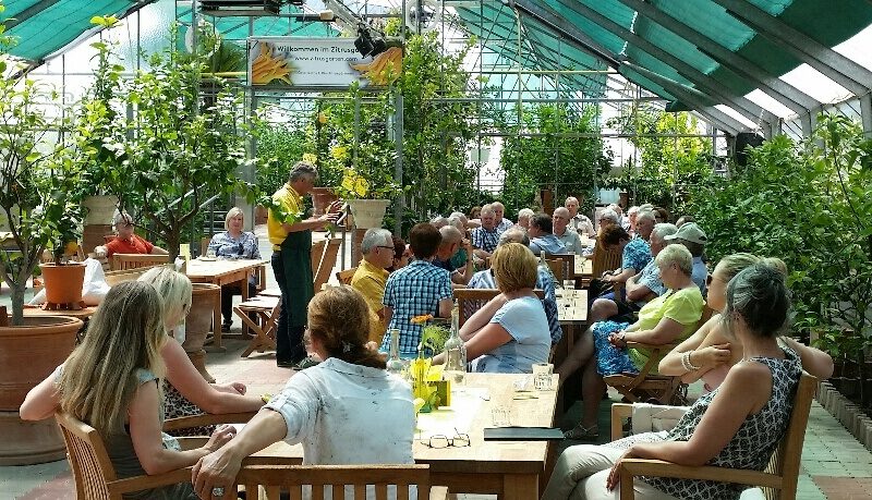 Eine Gruppe von Menschen sitzt an Holztischen in einem Gewächshaus und hört einer Person in grünem Overall zu, die einen Vortrag inmitten von Pflanzen hält.