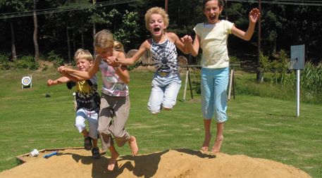 Vier Kinder springen an einem sonnigen Tag im Freien in einen Sandkasten, mit Gras und Bäumen im Hintergrund.