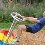 Ein Mann in Sportkleidung hält sich an einem Metallrad fest, das an einem farbenfrohen Spielplatzgerät im Freien befestigt ist, lehnt sich zurück und lächelt. Im Hintergrund sind Bäume und Grünflächen zu sehen.