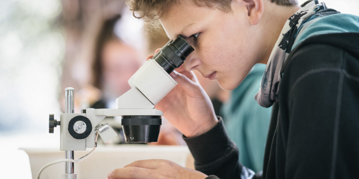 Ein Junge untersucht an einem Tisch eine Probe unter dem Mikroskop. Im Hintergrund sind unscharfe Menschen und eine Landschaft im Freien zu sehen.