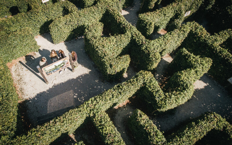 Luftaufnahme von vier Personen, die sich um eine Bank in der Mitte eines grünen Heckenlabyrinths versammelt haben, wobei Kieswege die Hecken trennen.