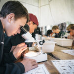 Mehrere junge Schüler sitzen an einem Tisch und untersuchen Proben unter dem Mikroskop. Vor ihnen liegen Arbeitsblätter und Behälter, unter einem weißen Baldachin.