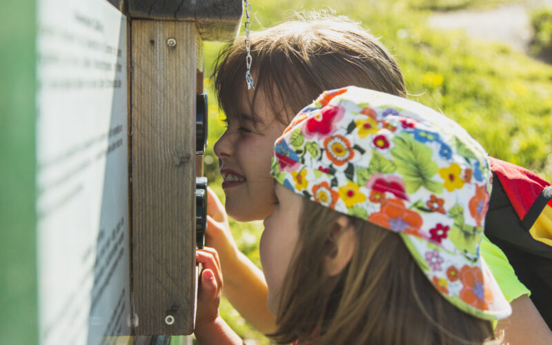 Zwei Kinder schauen sich an einem sonnigen Tag eine Informationstafel im Freien genau an; das eine trägt einen bunten Blumenhut, das andere blinzelt zum Lesen.